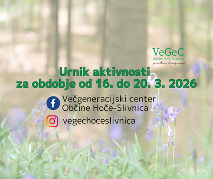 Urnik aktivnosti VeGeC OHs za obdobje od 16. do 20. 3. 2026